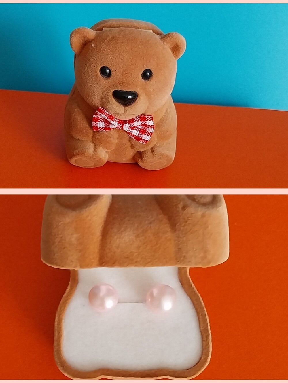 Brand New Pink Pearl Stud Earrings in Brown Bear Jewelry Box